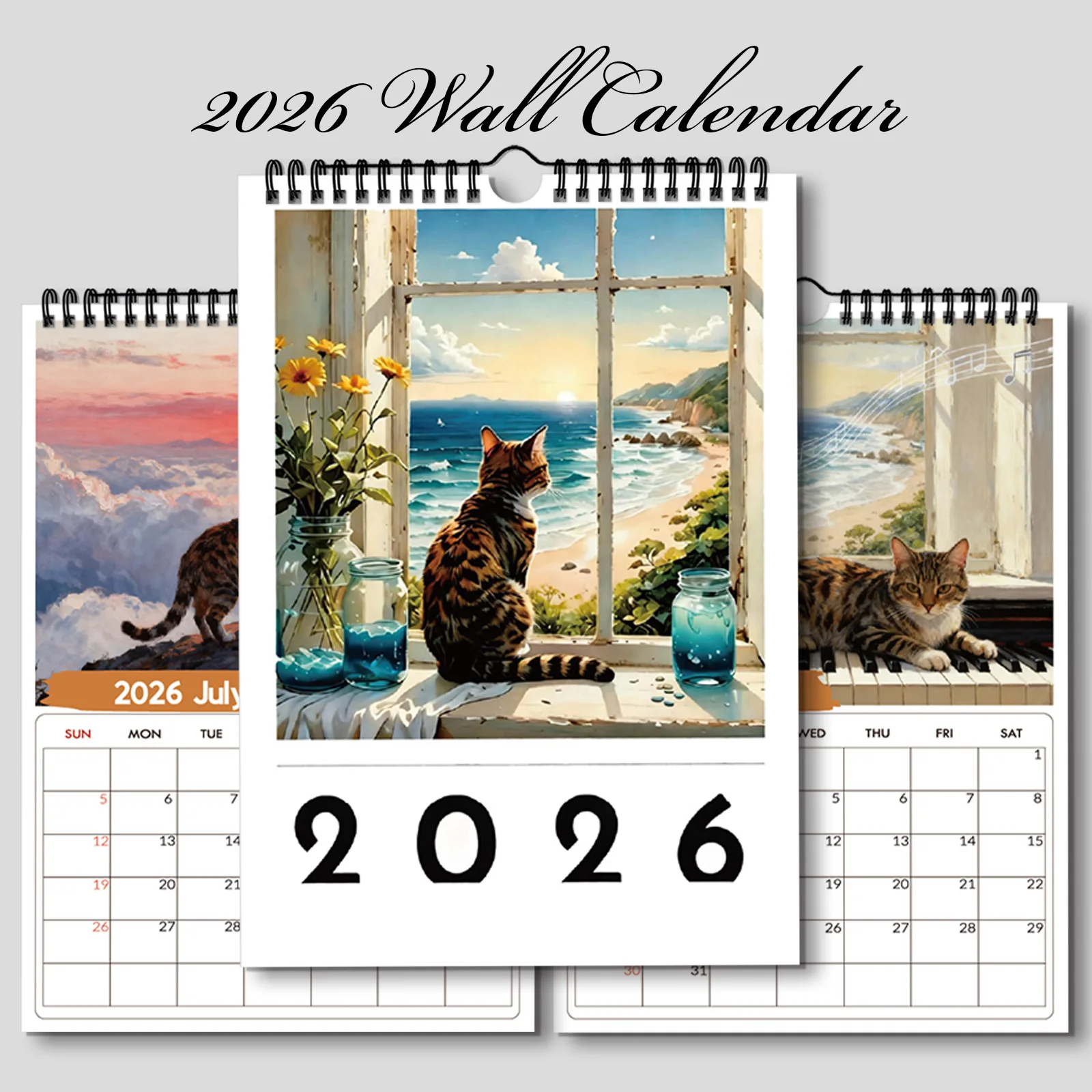 Home Office With View - 1PC 2026 벽걸이 달력, 창문 고양이